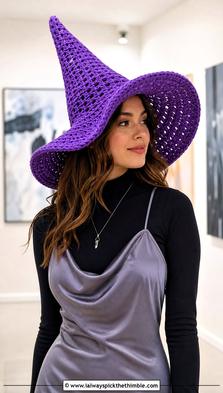 Floppy Brim Crochet Witch Hat With Satin Slip Dress - 15 Witch's Crochet Hat outfit ideas