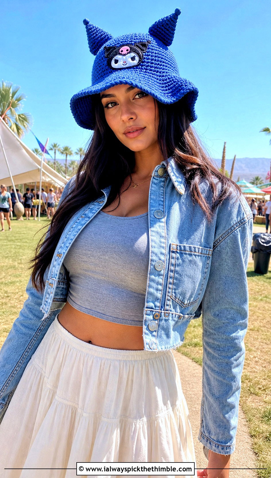 Floppy Brim Kuromi Crochet Bucket Hat With Maxi Skirt - 15 Kuromi Crochet Bucket Hat outfit ideas