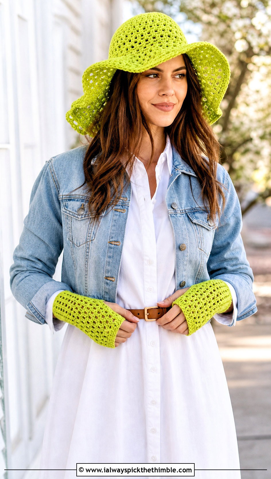Floppy Crochet Hat And Mesh Hand Warmers With Shirt Dress - 15 Crochet Hat With Hand Warmer outfit ideas