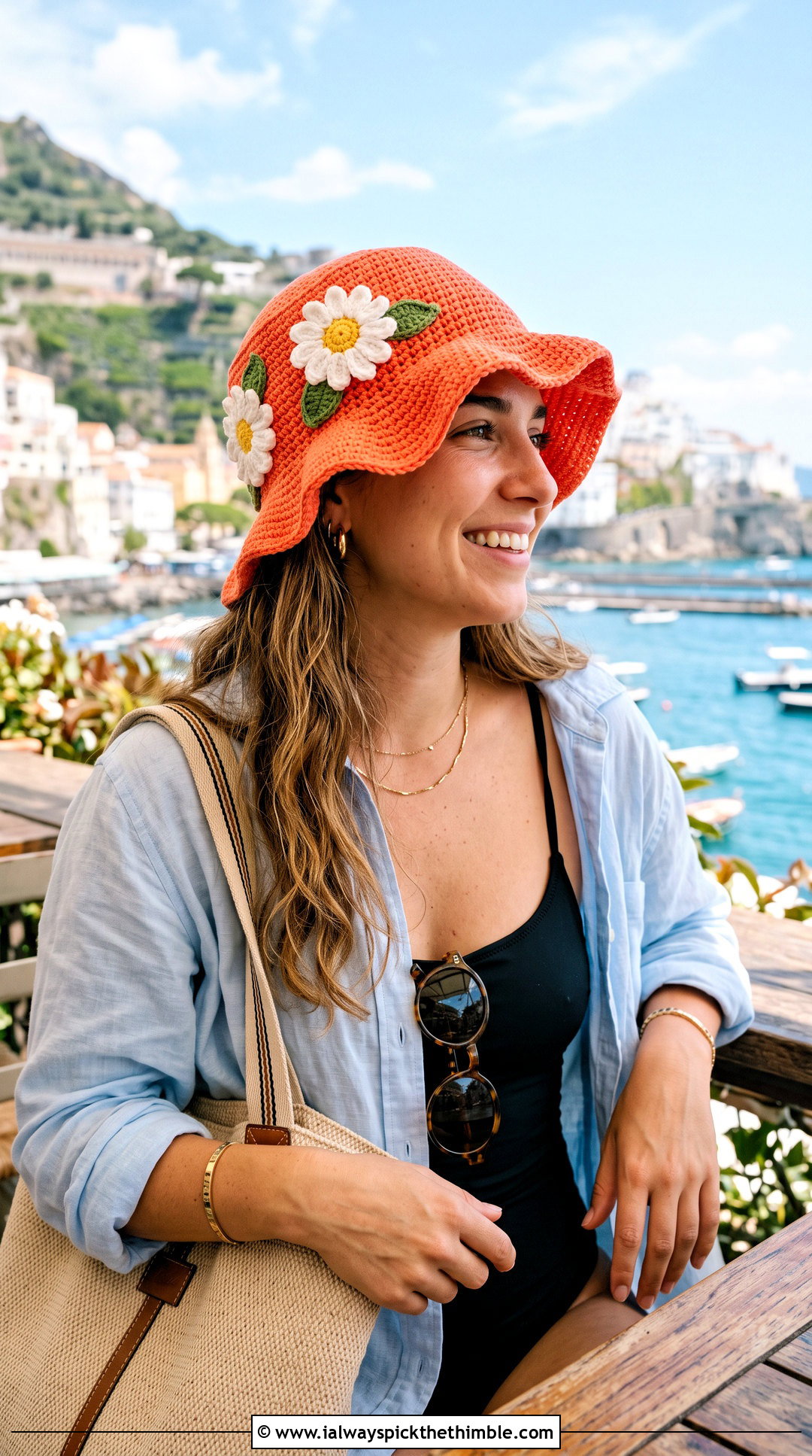 Floppy Daisy Crochet Bucket Hat With Beach Cover Up - 20 daisy crochet bucket hat outfit ideas