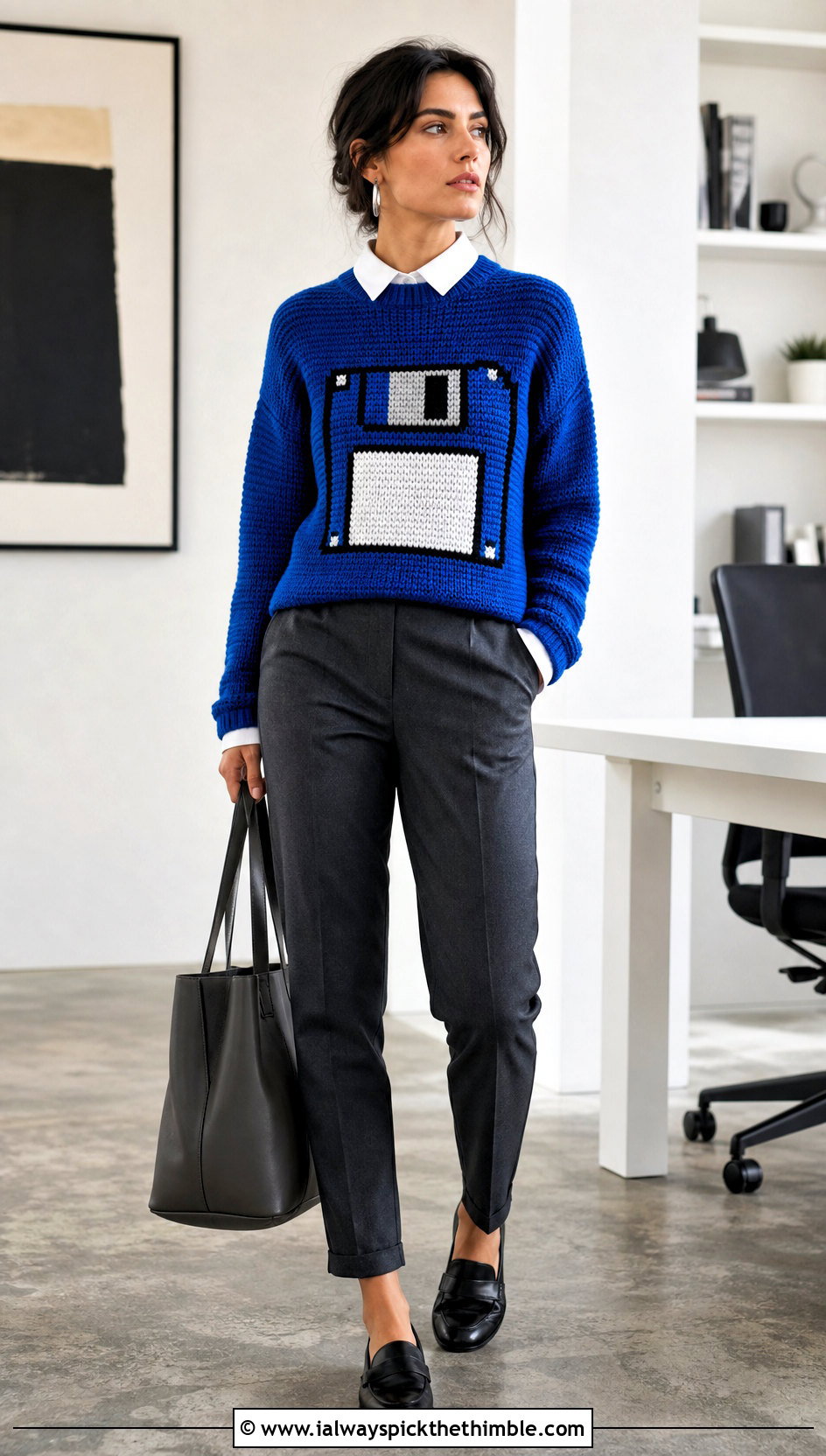 Floppy Disk Crochet Mabel Pines Sweater With Tailored Trousers - 20 crochet mabel pines sweater outfit ideas