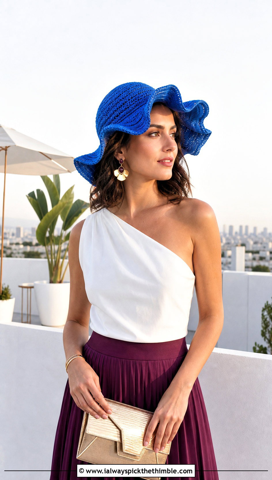 Floppy Spiral Crochet Hat With One Shoulder Top And Maxi Skirt - 20 Spiral Crochet Hat outfit ideas