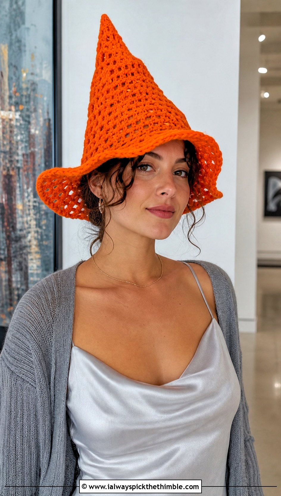 Floppy Witch Crochet Pointed Hat With Satin Slip Dress - 20 Crochet Pointed Hat outfit ideas