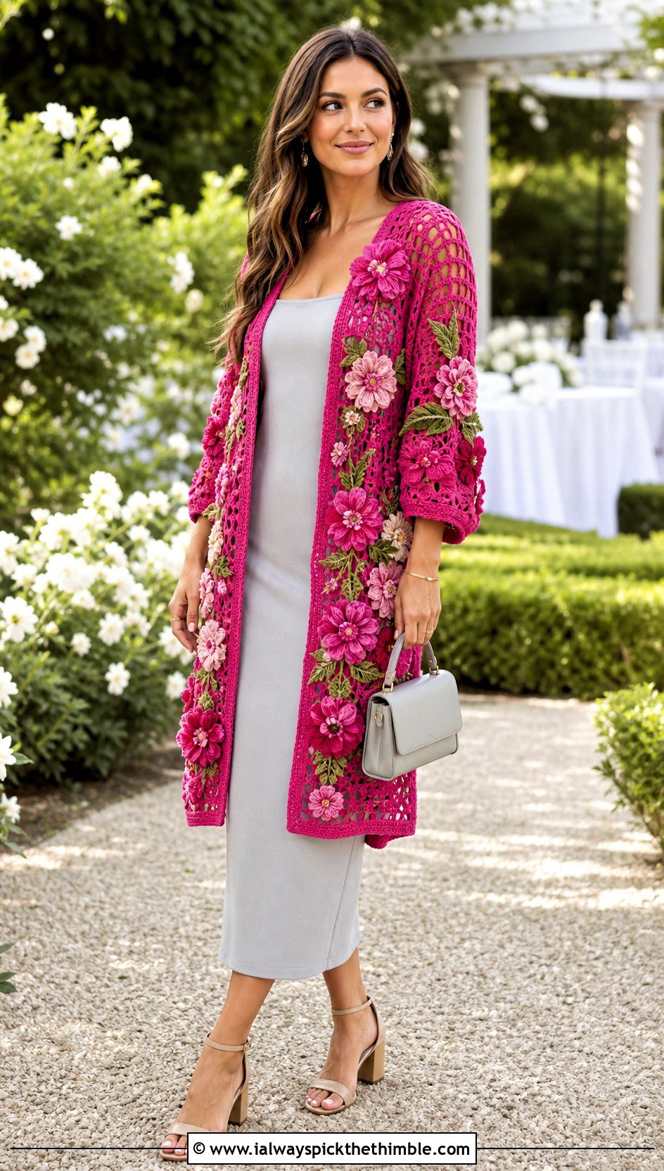 Floral Applique Boho Crochet Cardigan With Column Dress - 25 Boho Crochet Cardigan outfit ideas
