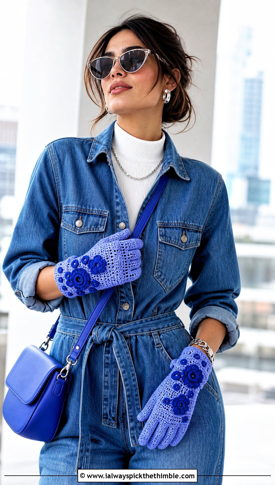 Floral Applique Button Cover Crochet Gloves With Denim Jumpsuit - 15 Convertible Crochet Fingerless Gloves outfit ideas