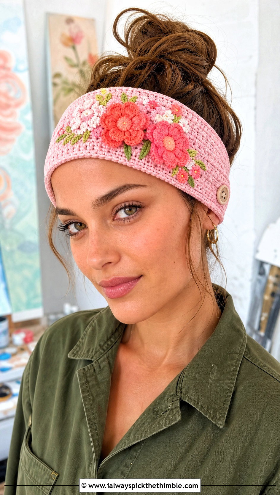 Floral Applique Button Crochet Headband With Utility Jumpsuit And Clogs - 15 Crochet Button Headband outfit ideas