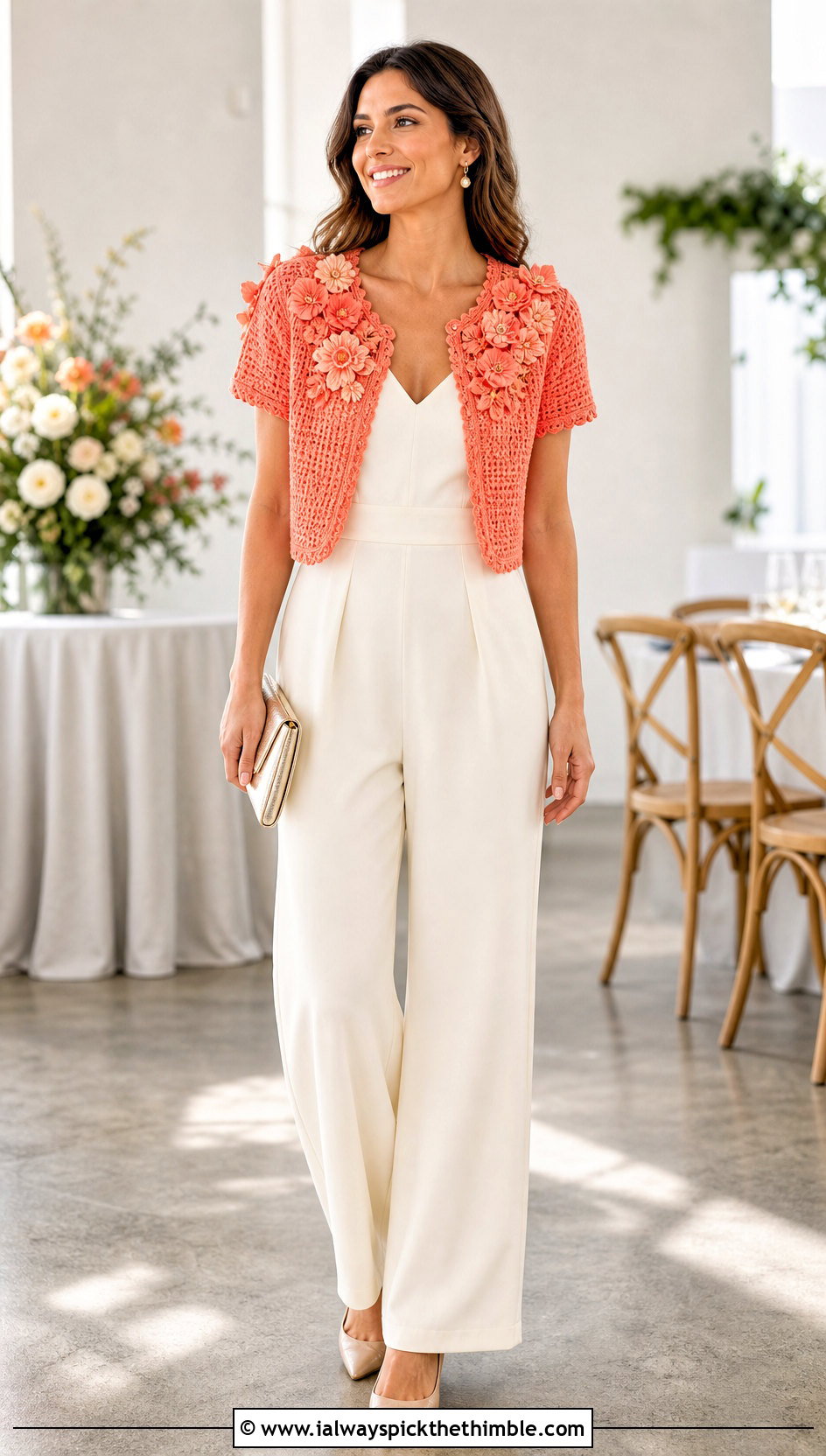 Floral Applique Cardigan With Tailored Jumpsuit - 20 short sleeve crochet cardigan outfit ideas