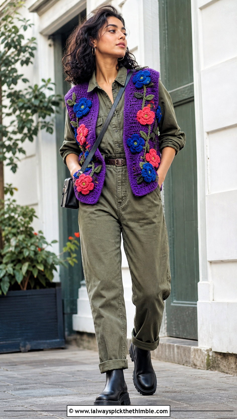 Floral Applique Chunky Yarn Crochet Vest With Utility Jumpsuit - 20 Chunky Yarn Crochet Vest outfit ideas