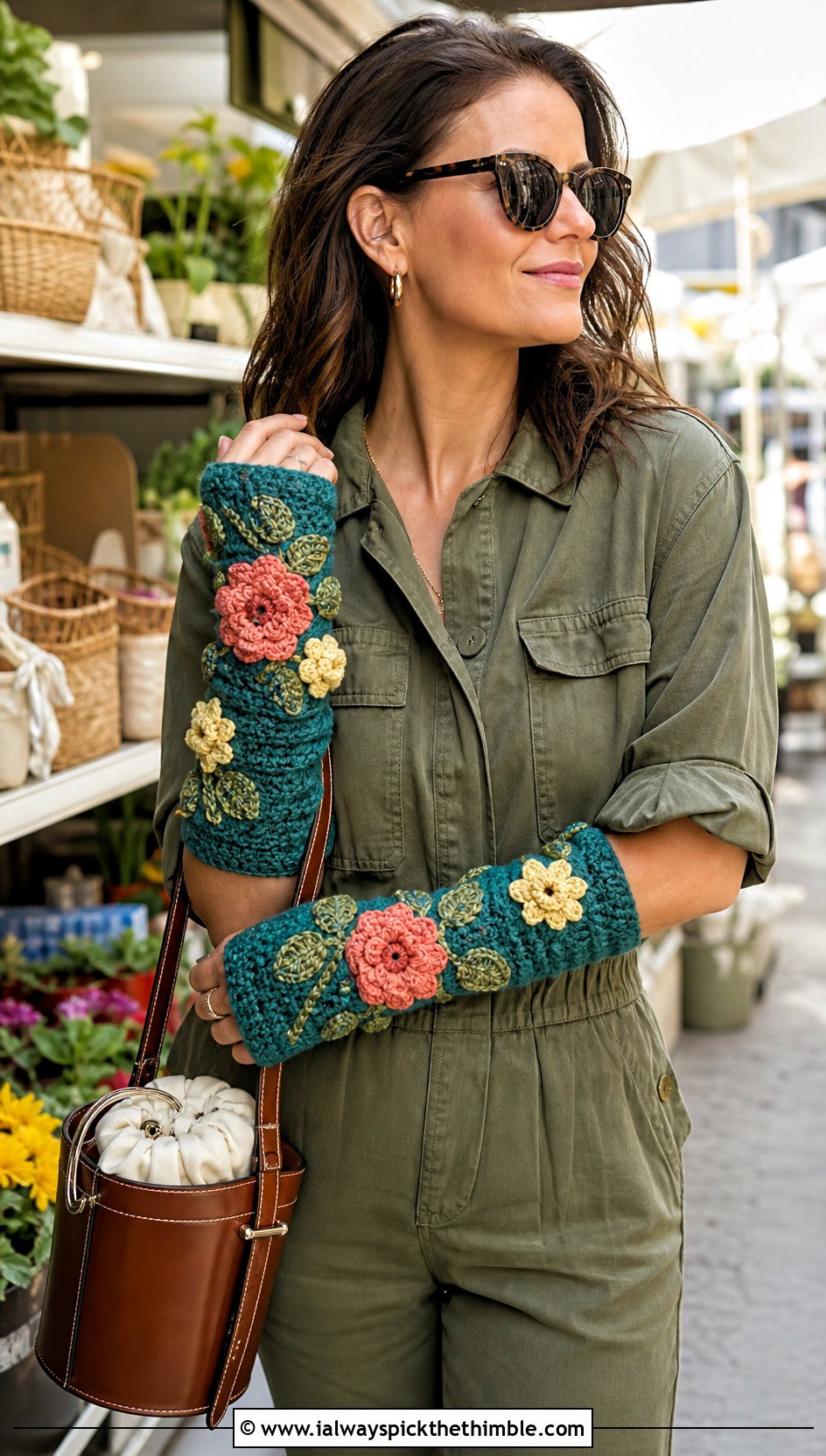 Floral Applique Crochet Arm Warmers With Utility Jumpsuit - 25 crochet arm warmers outfit ideas