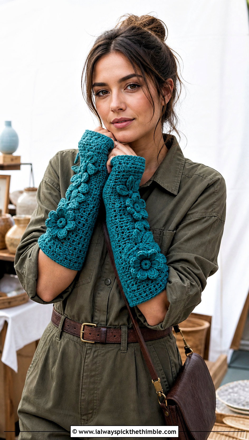 Floral Applique Crochet Arm Warmers With Utility Jumpsuit - 20 Crochet Arm Warmers Aesthetic outfit ideas