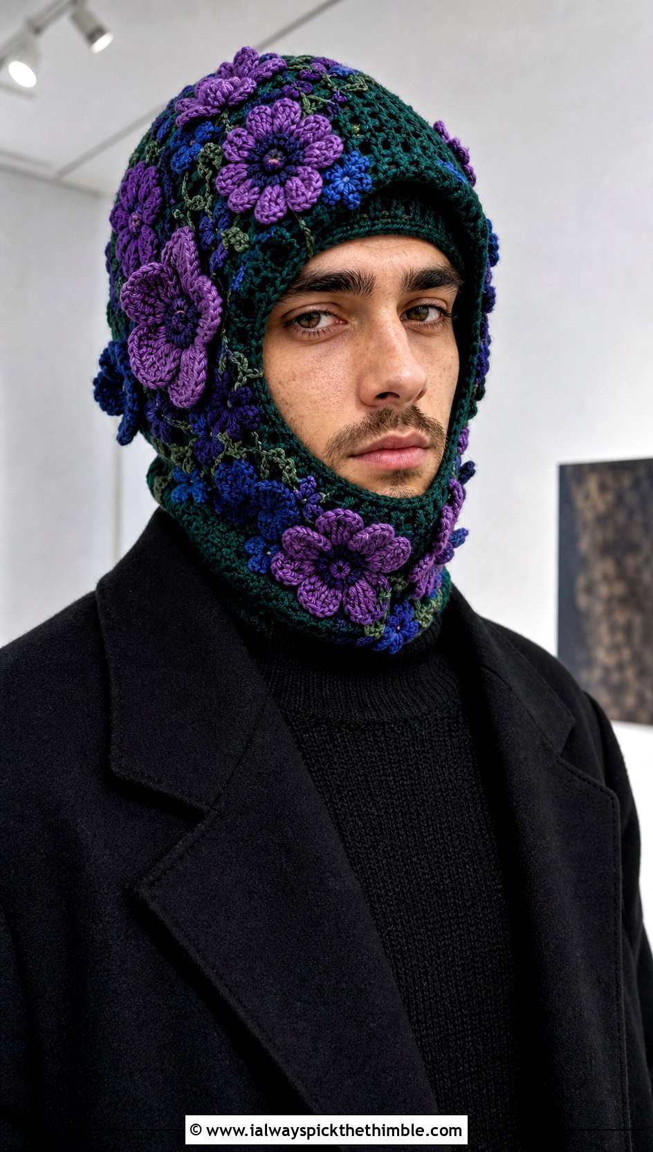 Floral Applique Crochet Balaclava With Monochrome Outfit - 20 crochet balaclava for men outfit ideas