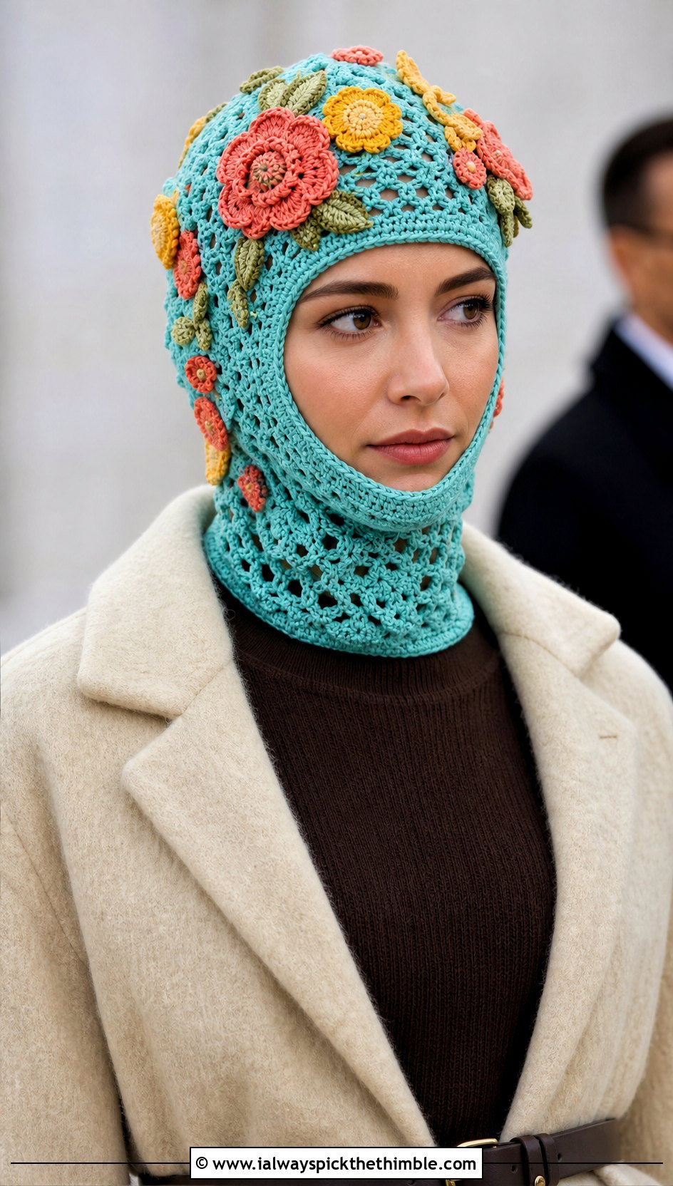 Floral Applique Crochet Balaclava With Sweater Dress - 25 crochet baclava hat outfit ideas