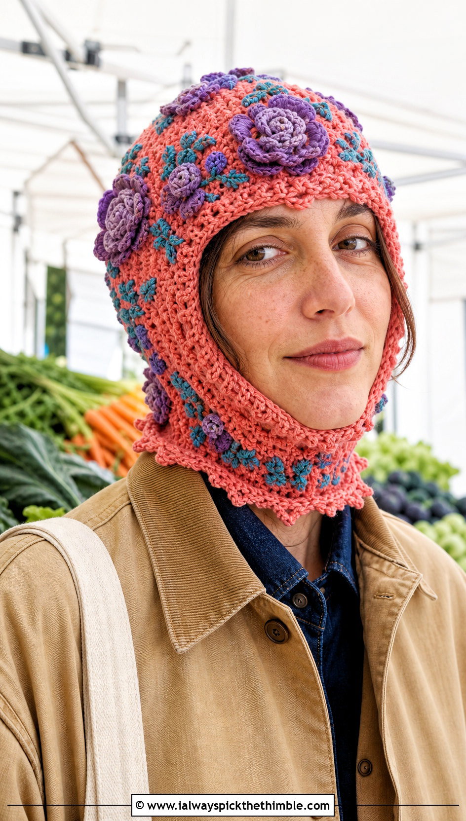 Floral Applique Crochet Balaclava With Workwear Jacket - 20 crochet balaclava hat outfit ideas