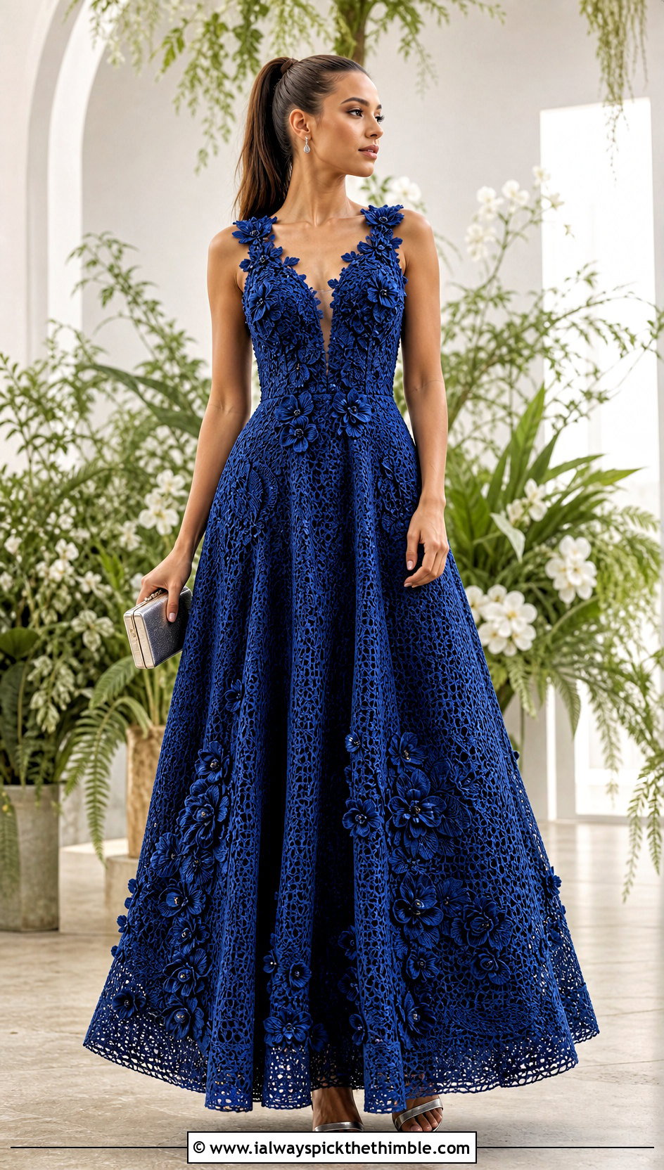 Floral Applique Crochet Ball Gown Dress With Sleek Accessories - 20 crochet ball gown dress outfit ideas