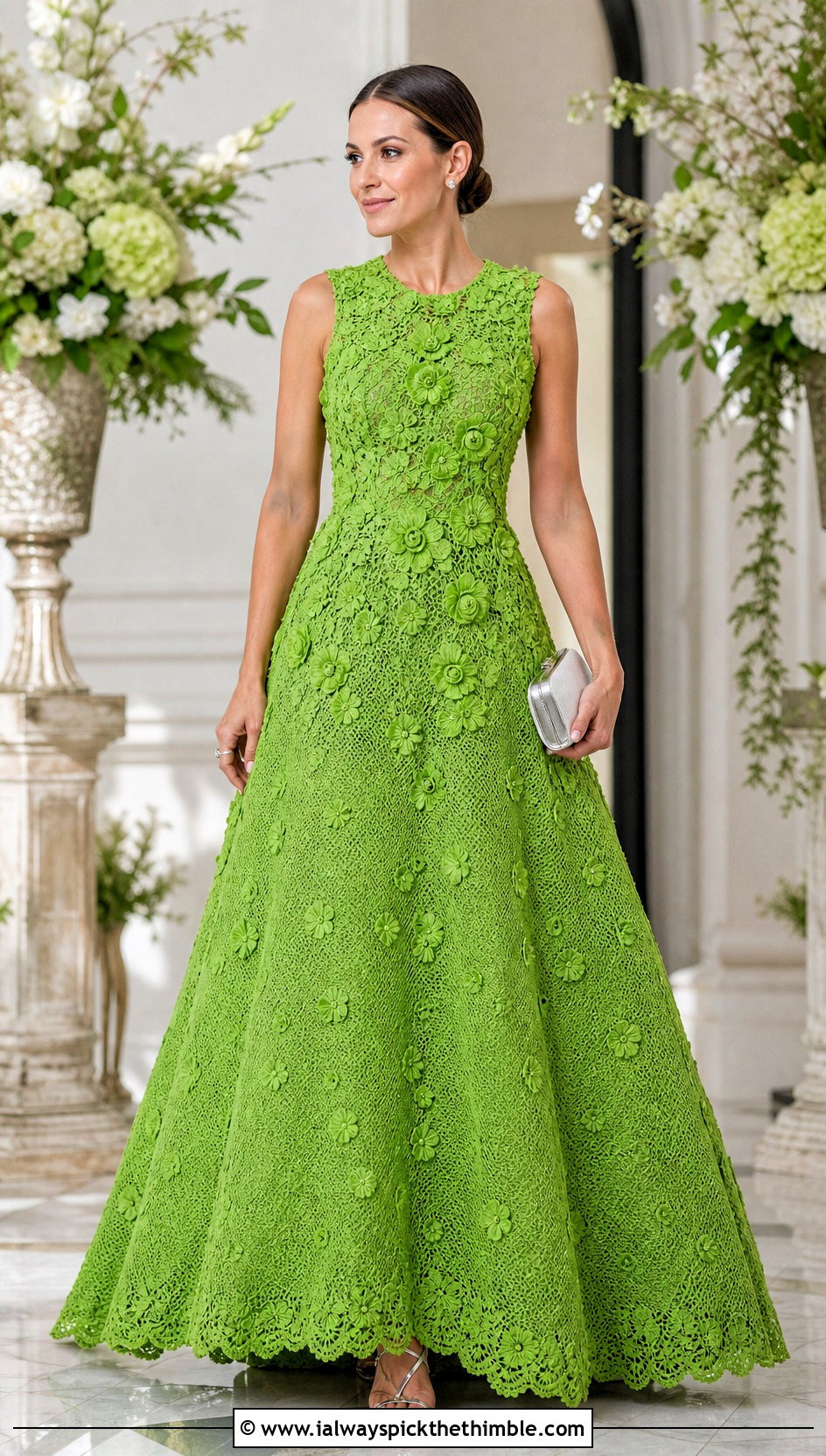 Floral Applique Crochet Ball Gown With Simple Jewelry - 20 Crochet Ball Gown outfit ideas