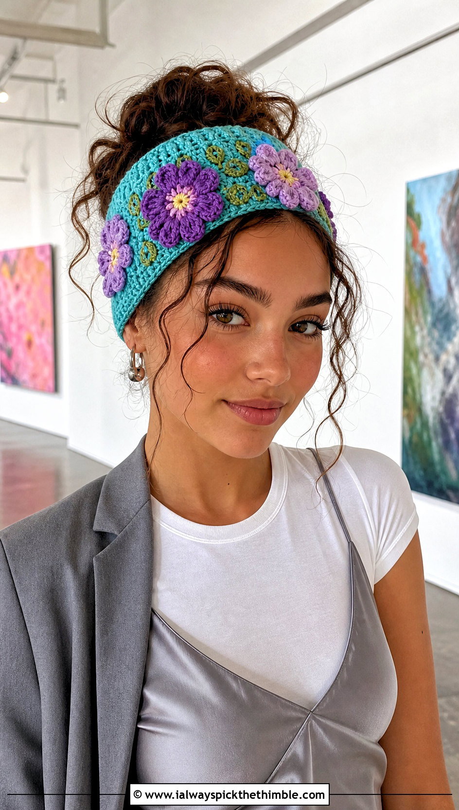 Floral Applique Crochet Bandana Headband With Satin Slip Dress - 20 Crochet Bandana Headband outfit ideas