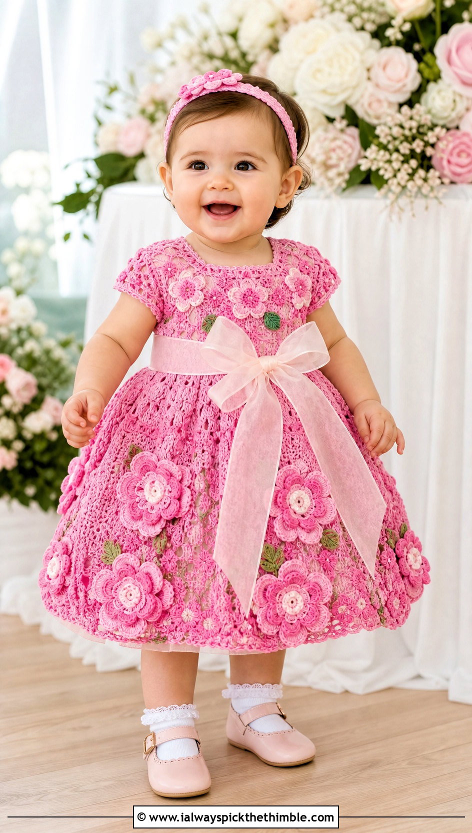 Floral Applique Crochet Baptism Dress With Organza Sash - 15 crochet baptism dress outfit ideas