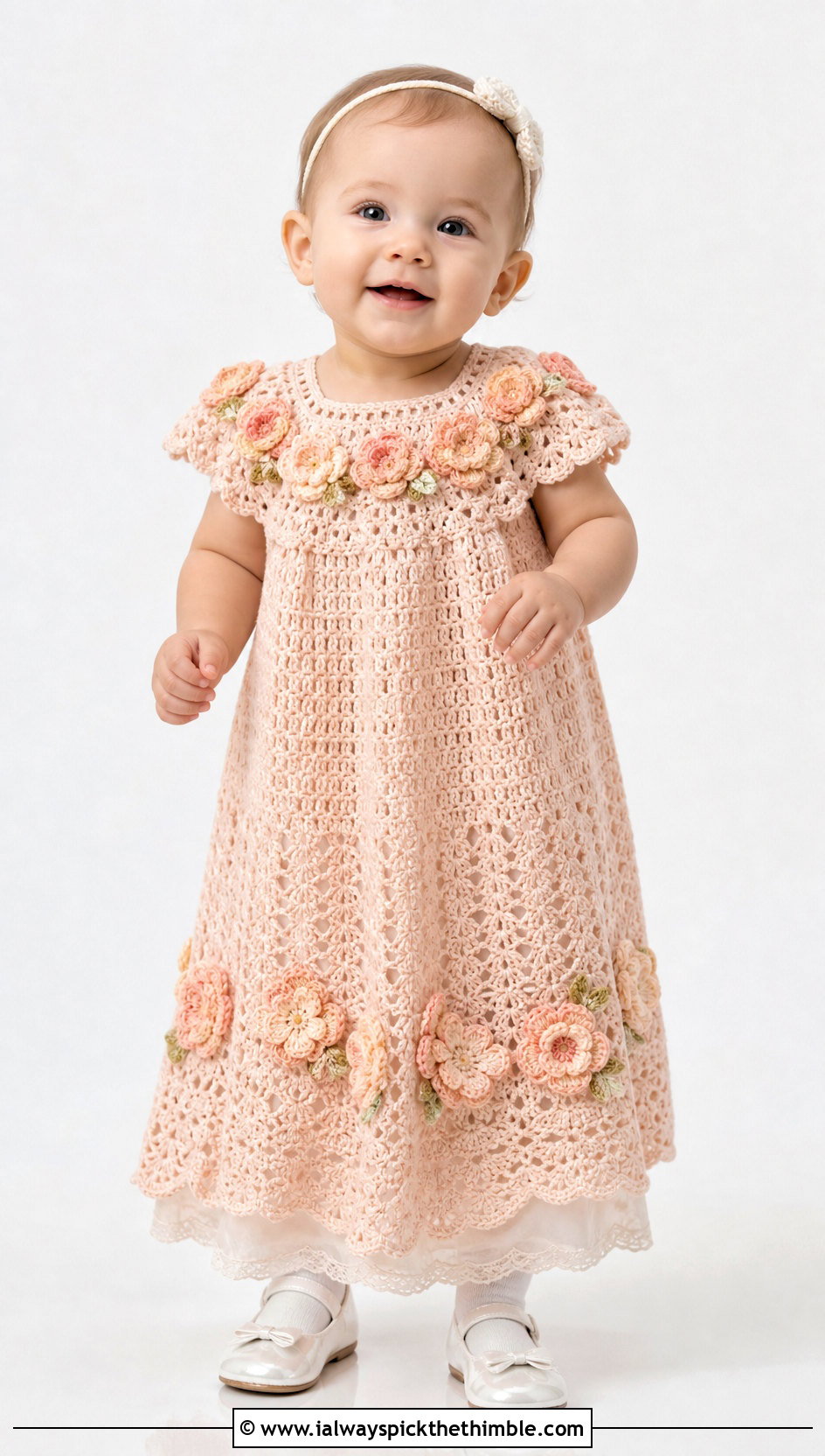 Floral Applique Crochet Baptism Gown With Simple Headband - 15 Crochet Baptism Gown outfit ideas