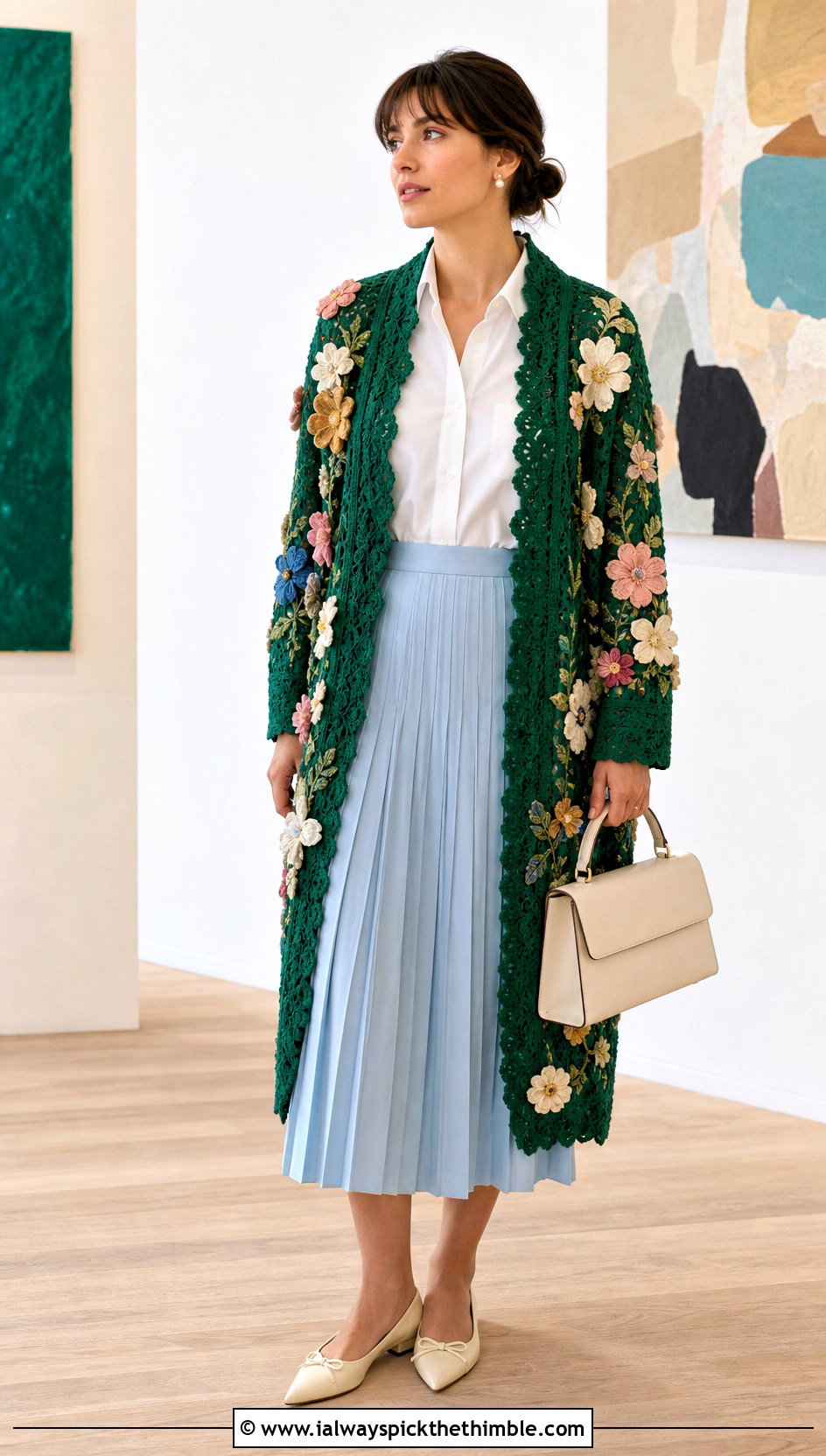 Floral Applique Crochet Bathrobe With Pleated Skirt - 20 crochet bathrobe outfit ideas