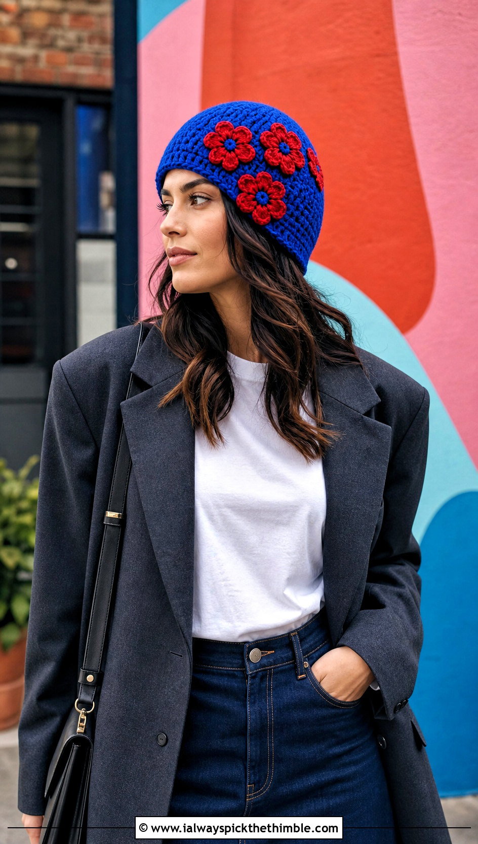 Floral Applique Crochet Beanie With Blazer And Denim Skirt - 20 Fun Crochet Beanie outfit ideas