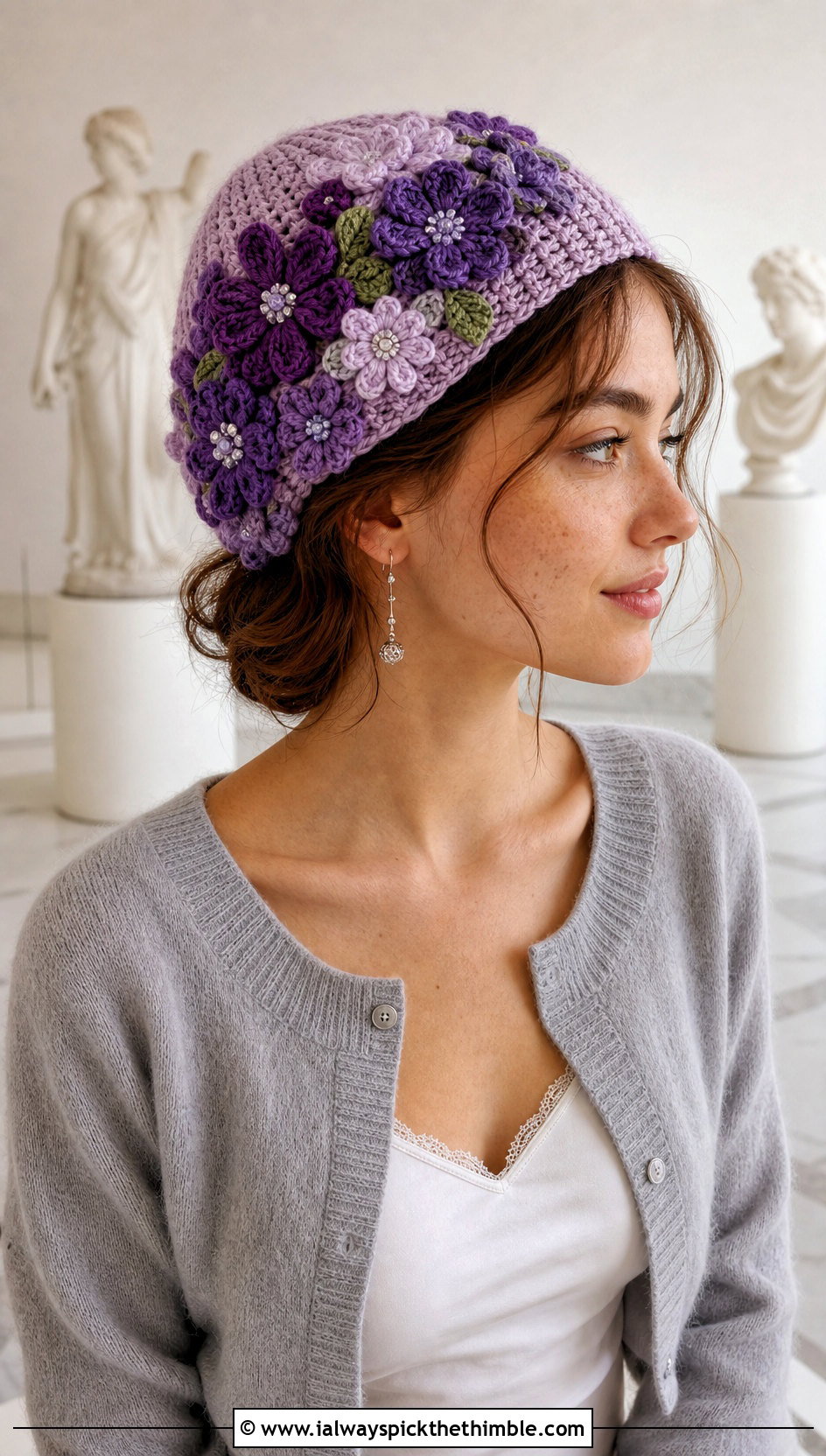Floral Applique Crochet Beanie With Cardigan And Midi Skirt - 20 Women Crochet Beanie outfit ideas