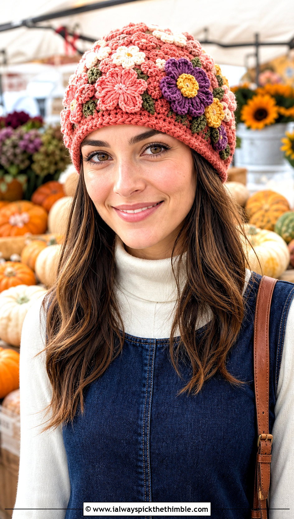 Floral Applique Crochet Beanie With Denim Dress And Boots - 20 crochet beanies for women outfit ideas
