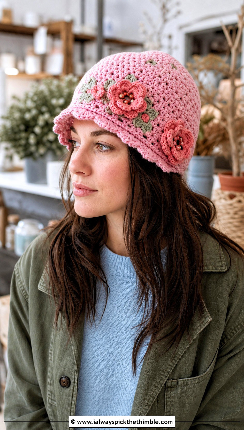 Floral Applique Crochet Beanie With Denim Midi Skirt - 20 crochet fall beanie outfit ideas
