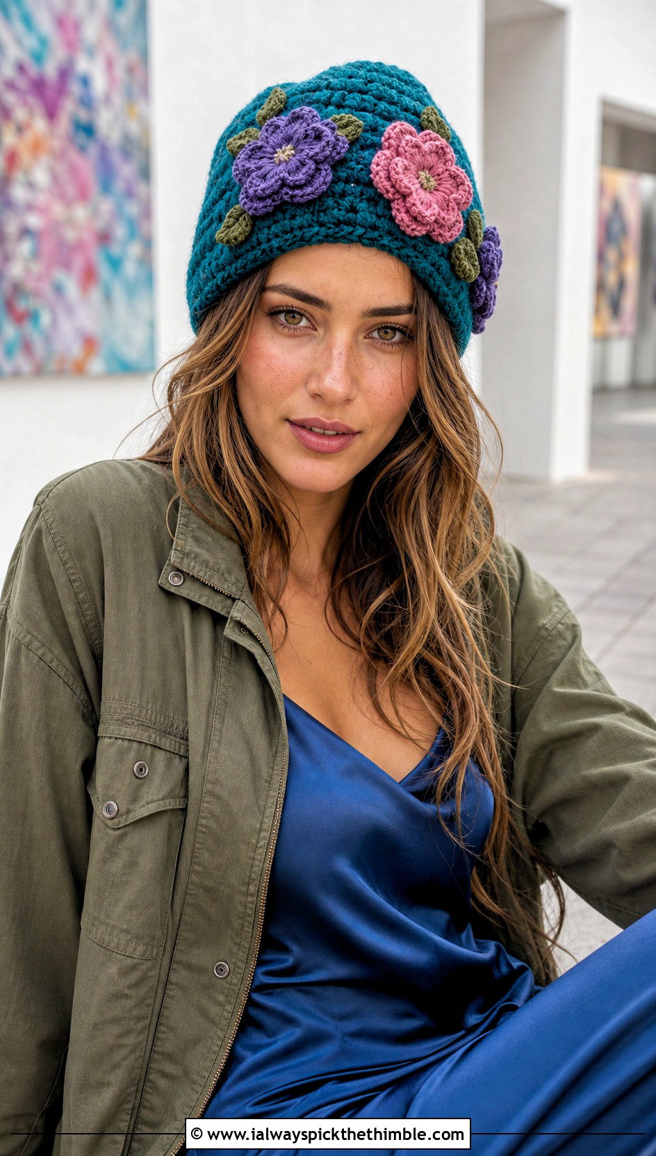 Floral Applique Crochet Beanie With Utility Jacket And Slip Dress - 25 crochet beanie hat outfit ideas