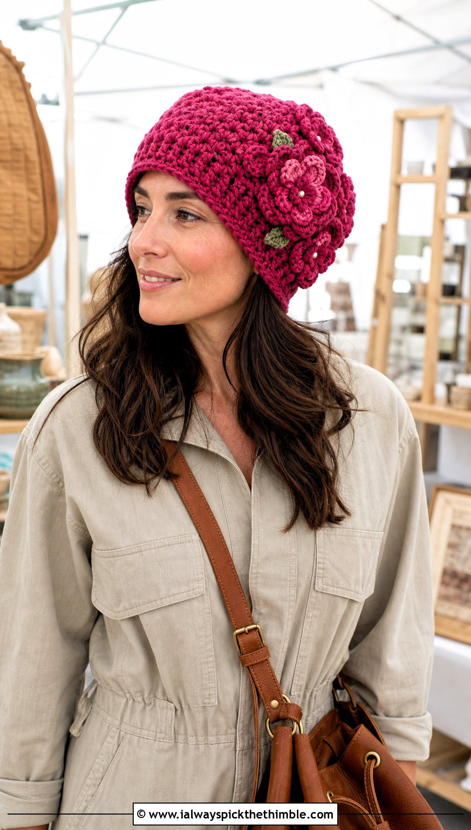 Floral Applique Crochet Beanie With Utility Jumpsuit - 20 country cottage crochet beanie outfit ideas