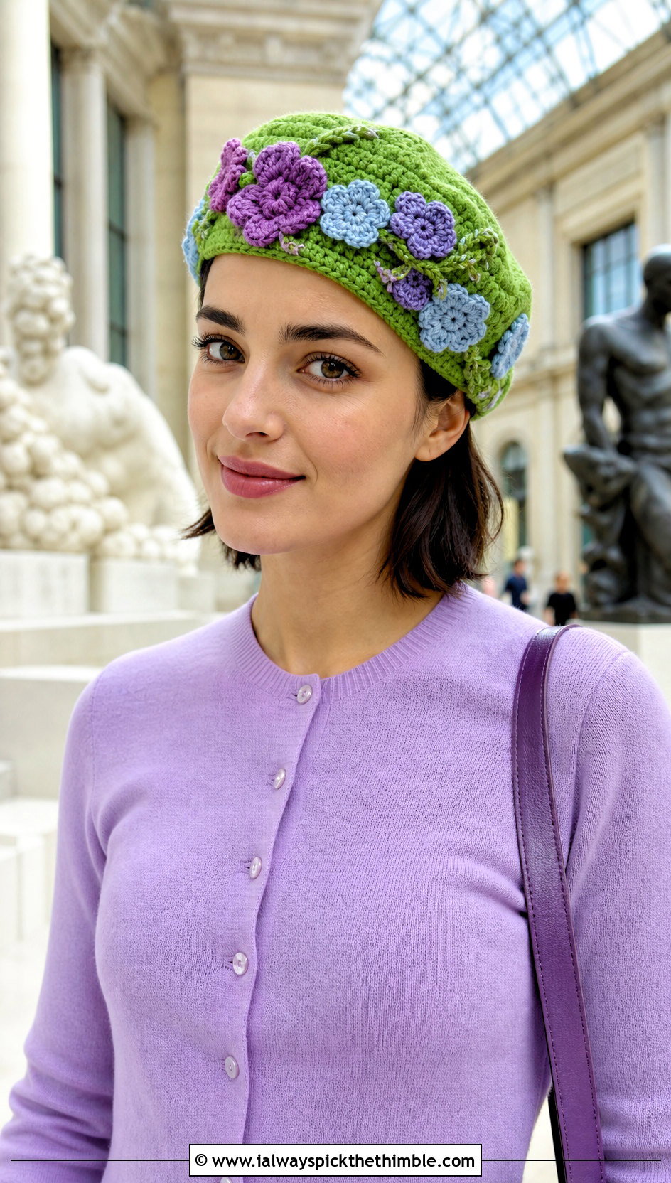 Floral Applique Crochet Beret With Cardigan And Midi Skirt - 15 Womens Crochet Beret outfit ideas
