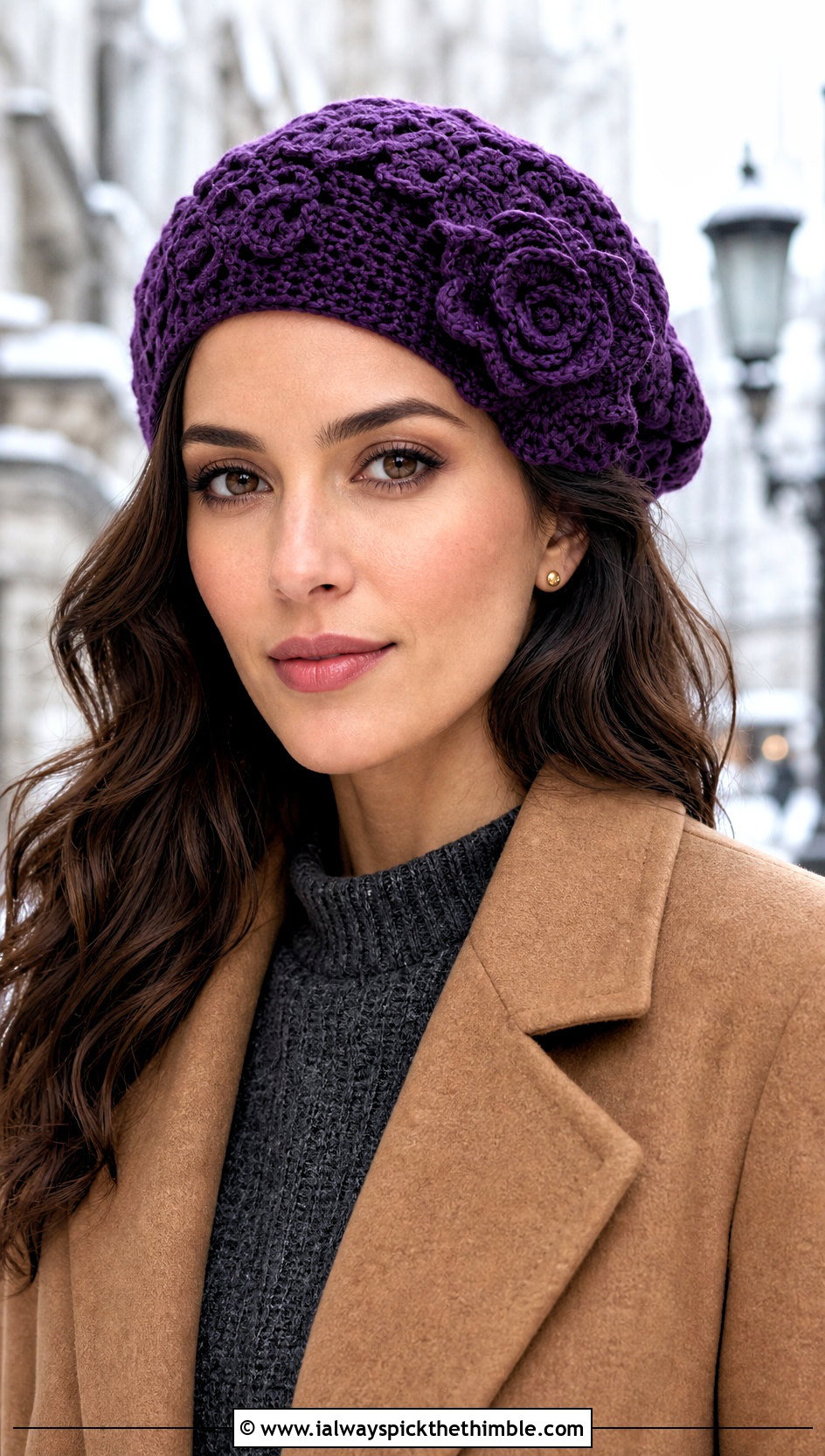 Floral Applique Crochet Beret With Sweater Dress - 15 simple crochet beret outfit ideas