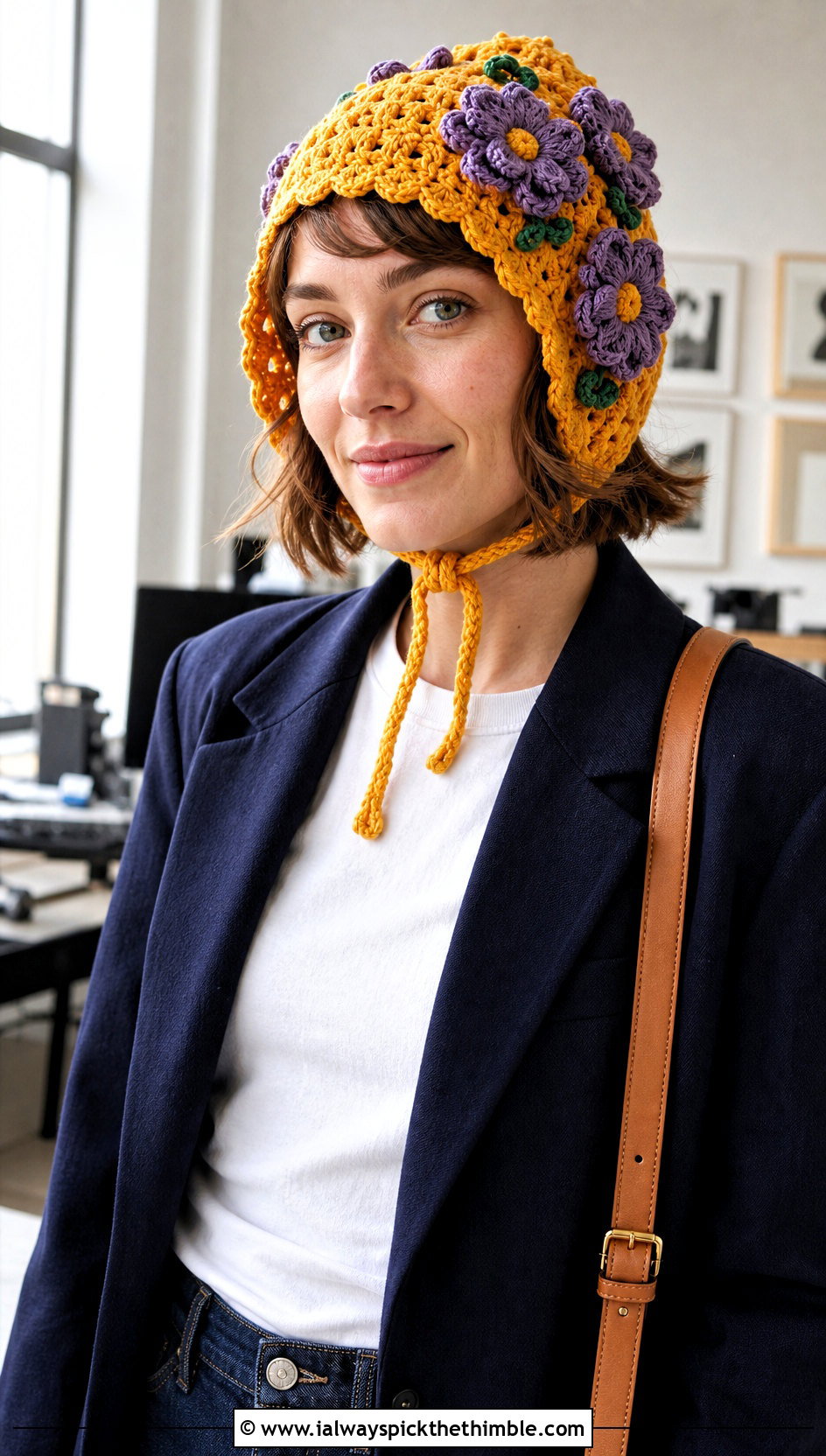 Floral Applique Crochet Bonnet With Blazer And Jeans - 20 Easy Crochet Bonnet outfit ideas