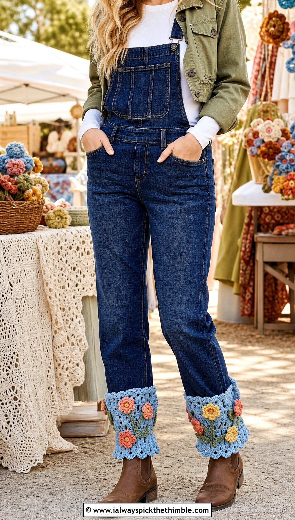 Floral Applique Crochet Boot Cuffs With Overalls And Ankle Boots - 20 crochet boot cuff outfit ideas