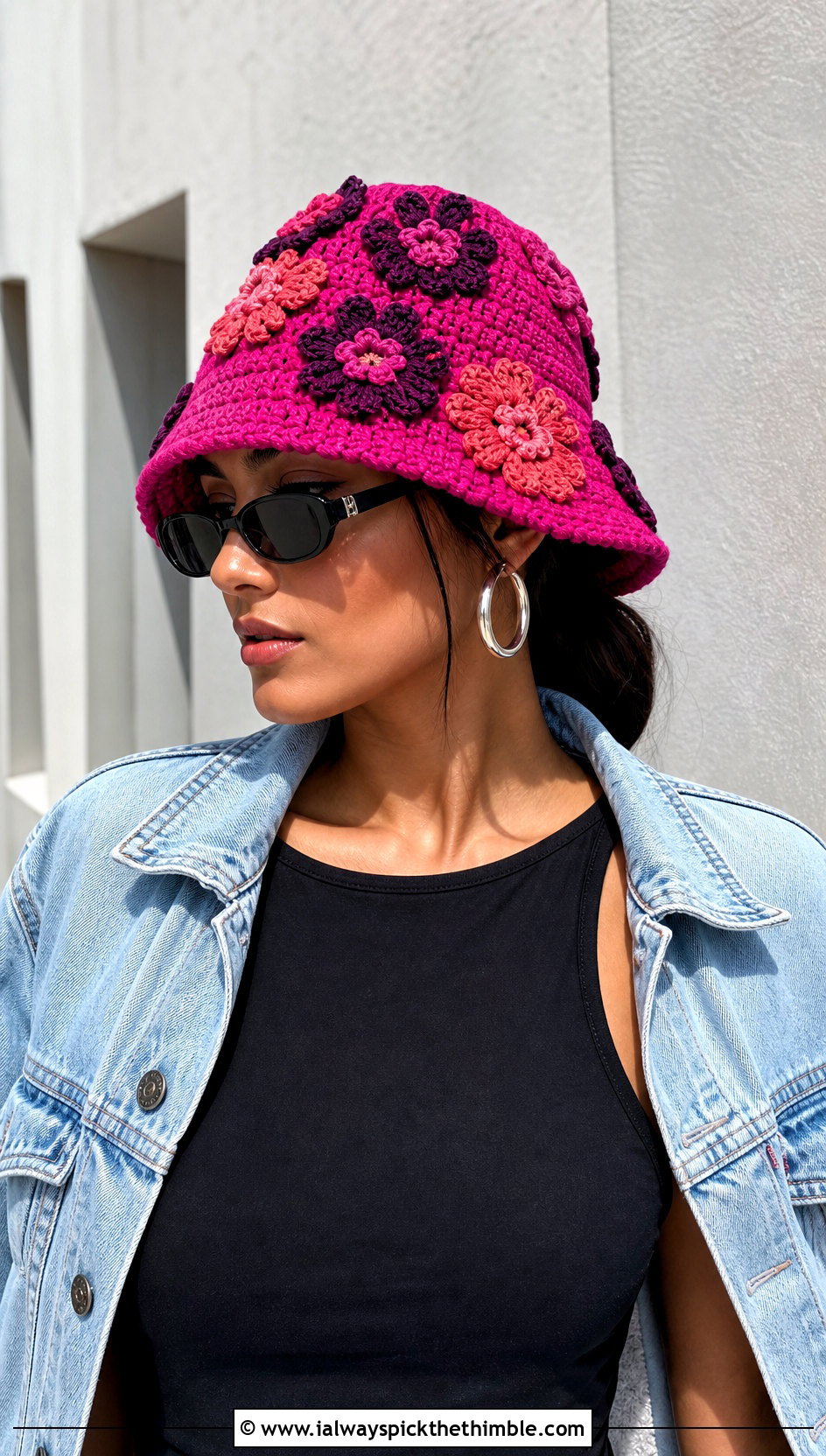 Floral Applique Crochet Bucket Hat With Denim Maxi Skirt - 15 hailey bieber crochet bucket hat outfit ideas