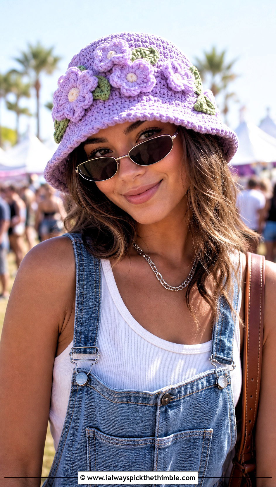 Floral Applique Crochet Bucket Hat With Denim Overalls - 25 crochet summer hats outfit ideas