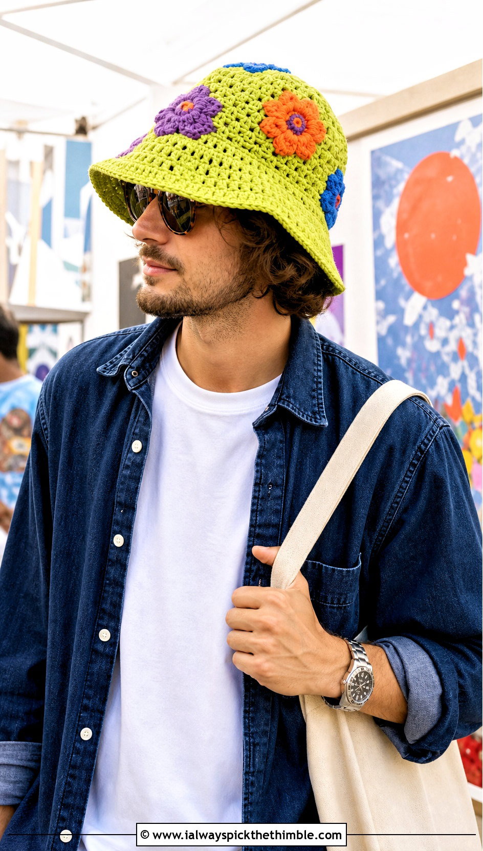 Floral Applique Crochet Bucket Hat With Denim Set And Sneakers - 15 men's crochet bucket hat outfit ideas