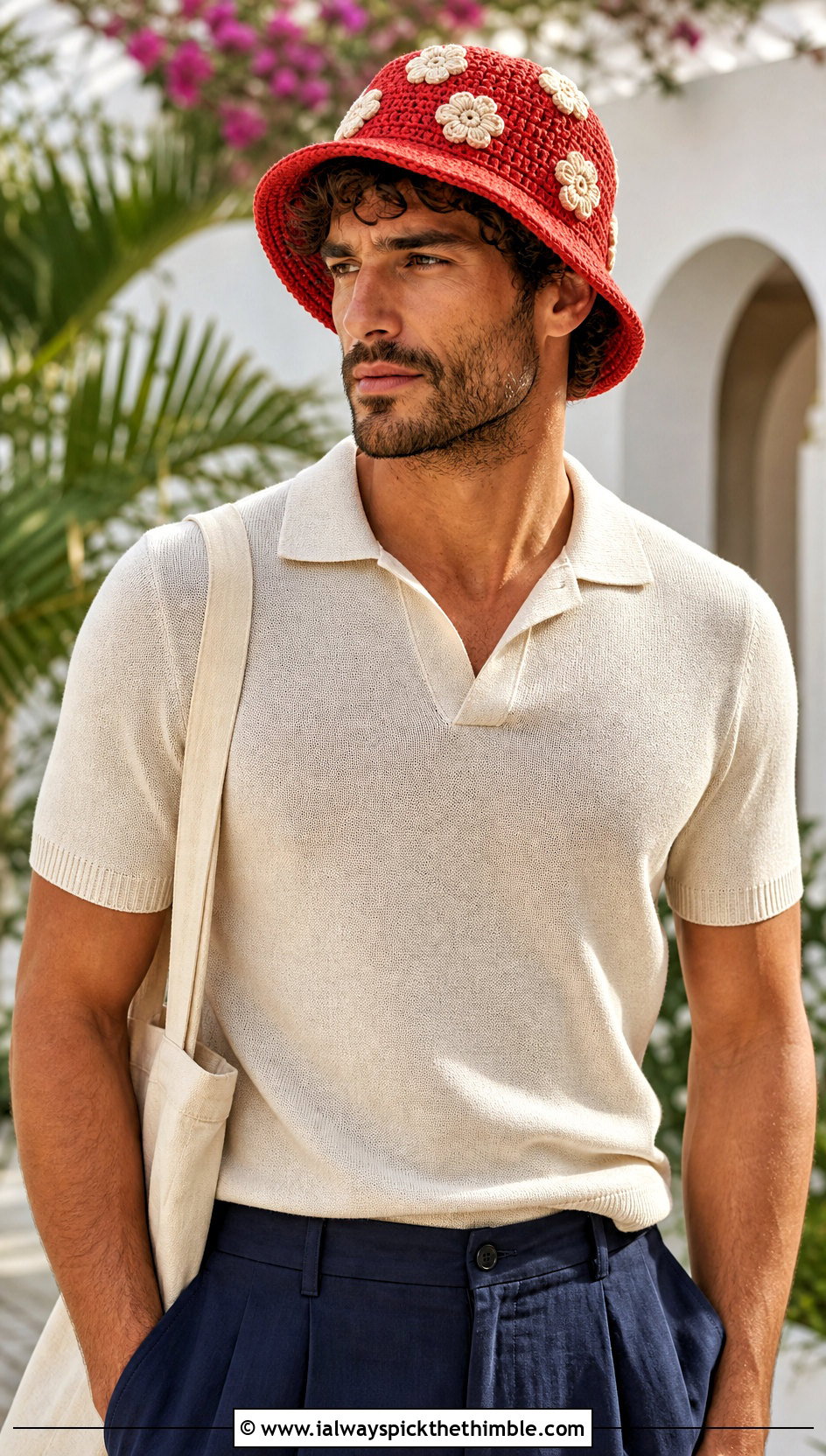 Floral Applique Crochet Bucket Hat With Knit Polo And Shorts - 15 Crochet Mens Bucket Hat outfit ideas