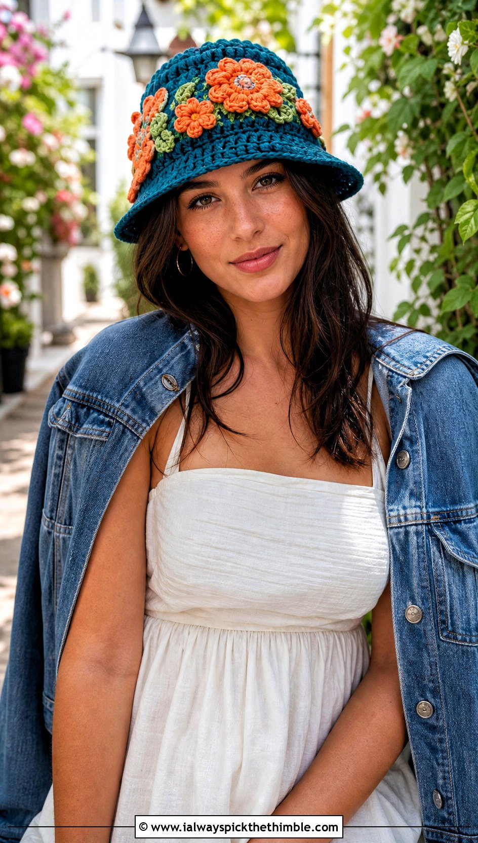 Floral Applique Crochet Bucket Hat With Midi Dress And Sandals - 20 Crochet Cute Bucket Hat outfit ideas