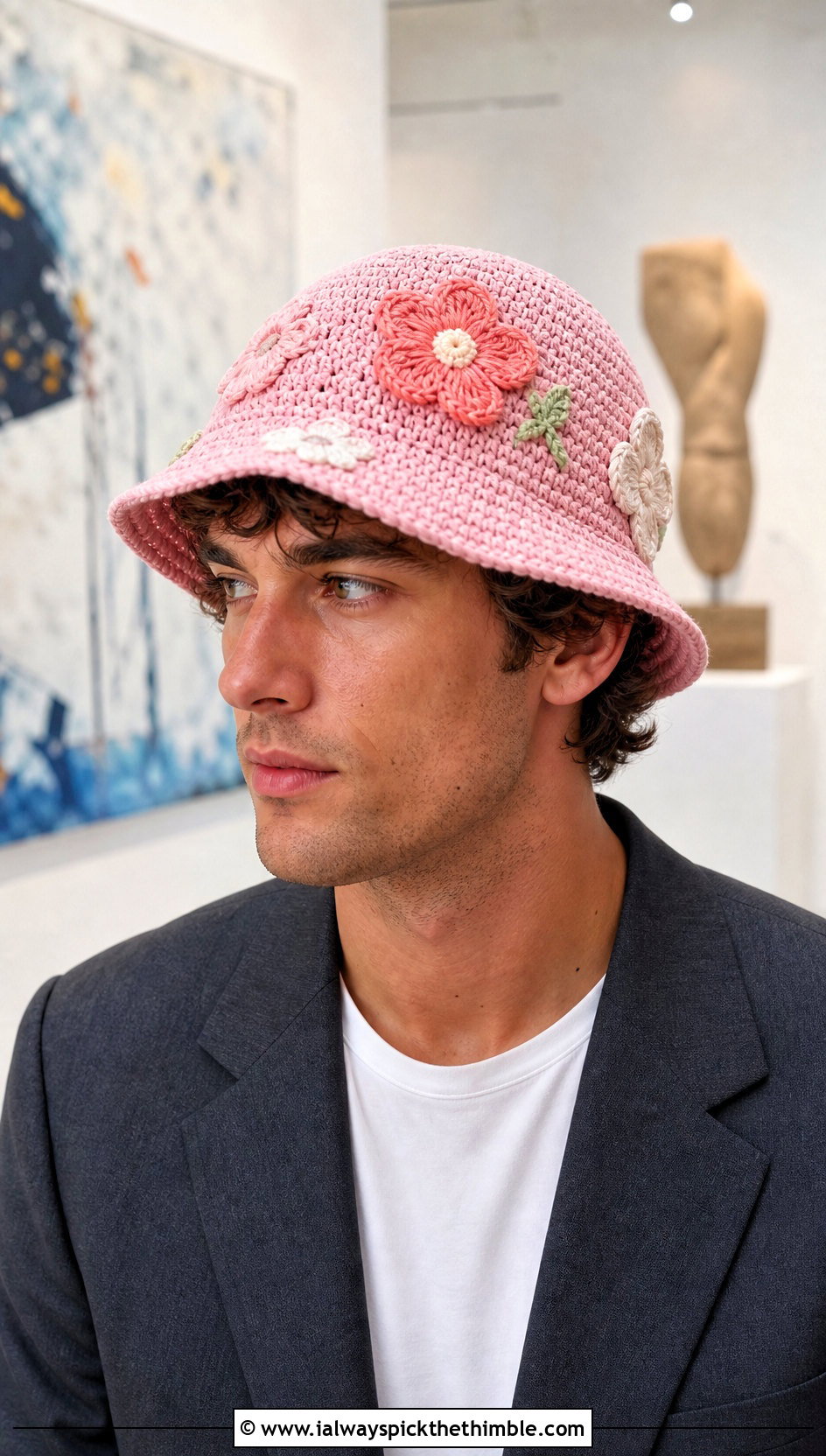 Floral Applique Crochet Bucket Hat With Relaxed Suit - 20 crochet bucket hat men outfit ideas