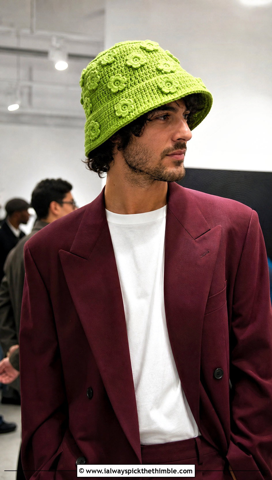 Floral Applique Crochet Bucket Hat With Relaxed Suit - 25 men crochet bucket hat outfit ideas