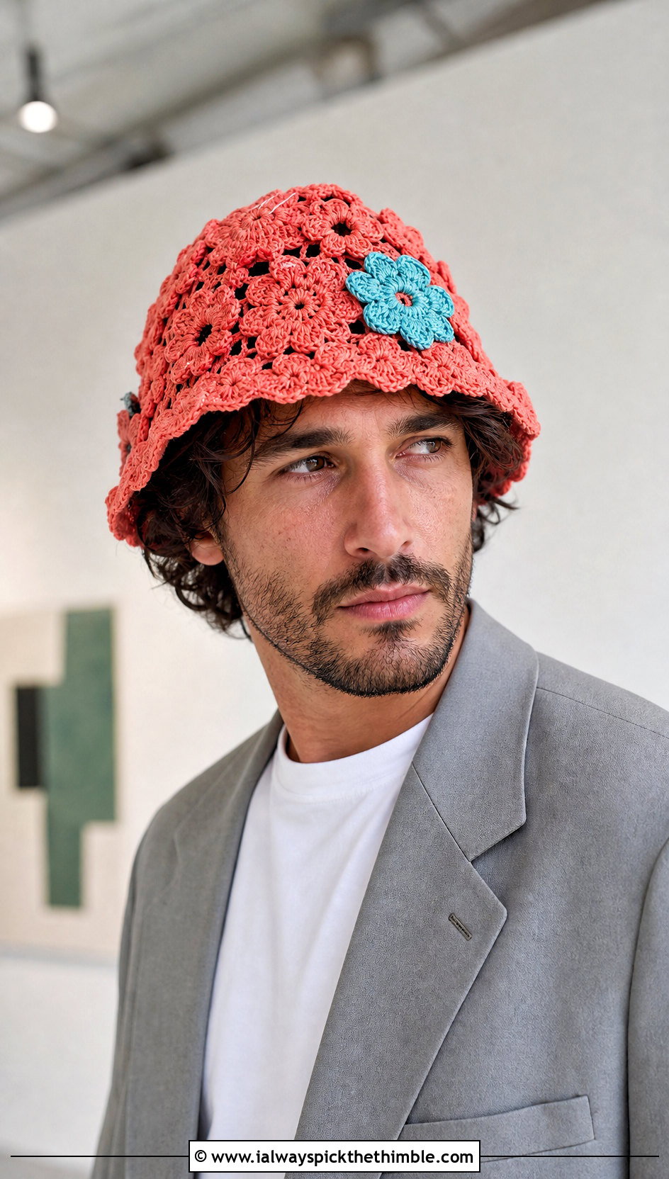 Floral Applique Crochet Bucket Hat With Relaxed Suit - 15 mens crochet bucket hat outfit ideas