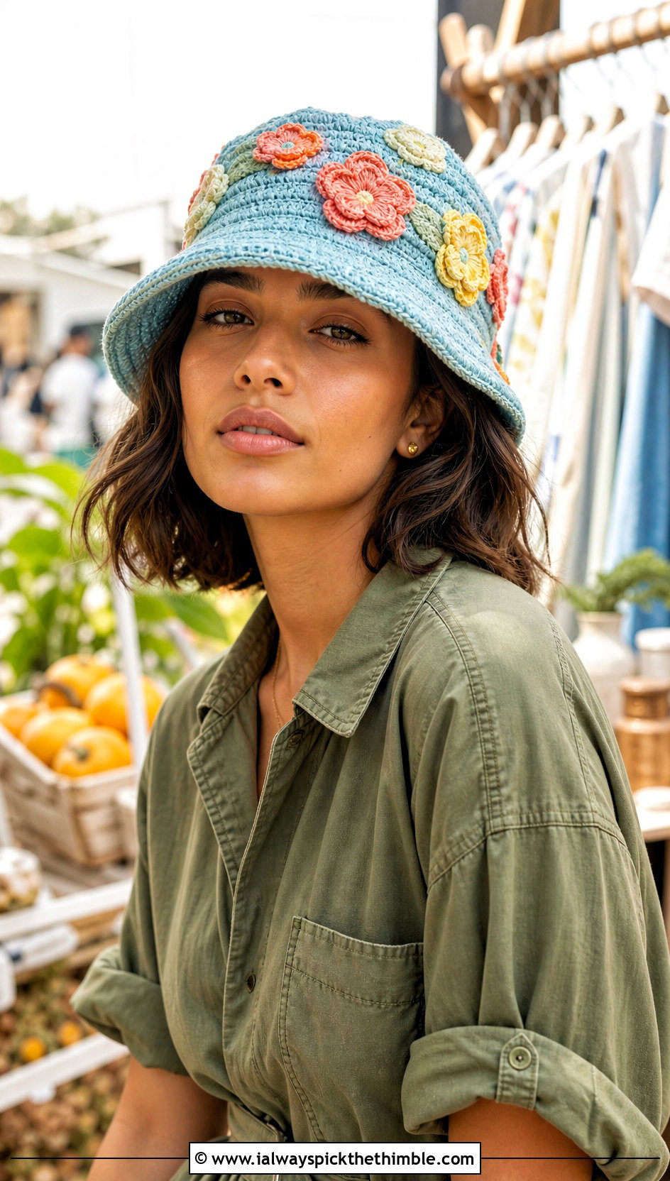 Floral Applique Crochet Bucket Hat With Utility Jumpsuit - 20 crocheting bucket hat outfit ideas