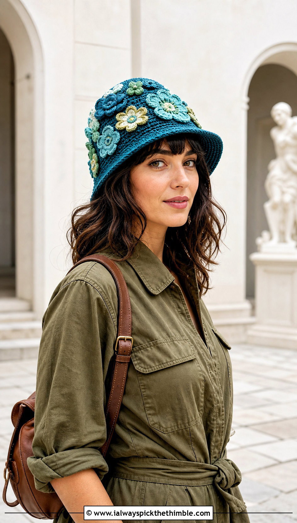 Floral Applique Crochet Bucket Hat With Utility Jumpsuit - 20 crochet adult bucket hat outfit ideas