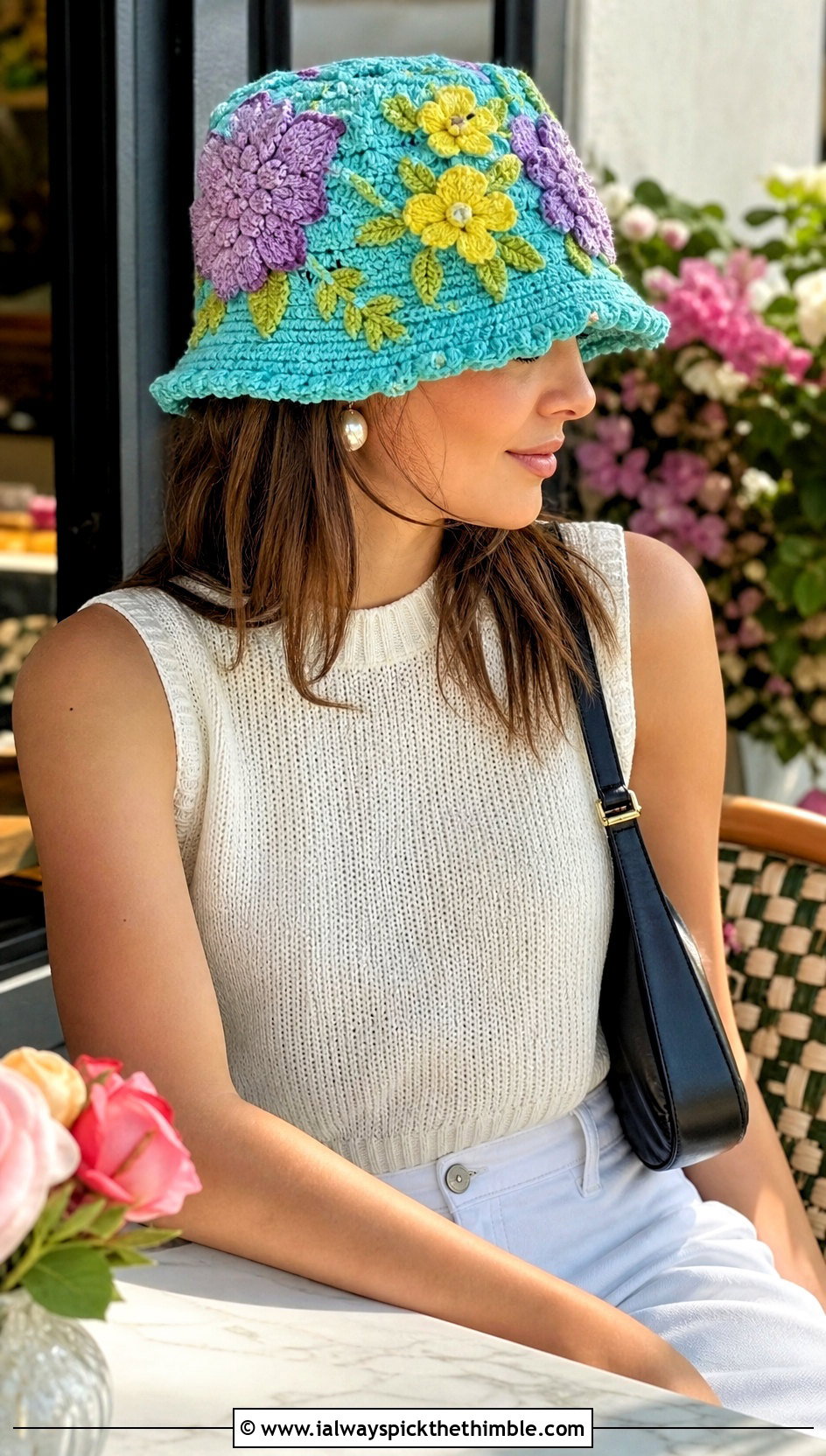 Floral Applique Crochet Bucket Hat With White Denim - 20 Crochet Bucket Hat For Women outfit ideas
