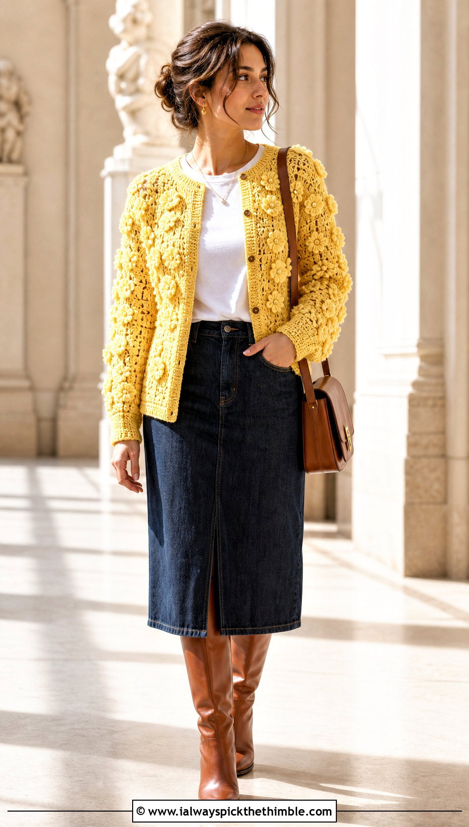 Floral Applique Crochet Button Down Cardigan With Denim Midi Skirt - 20 crochet button down cardigan outfit ideas