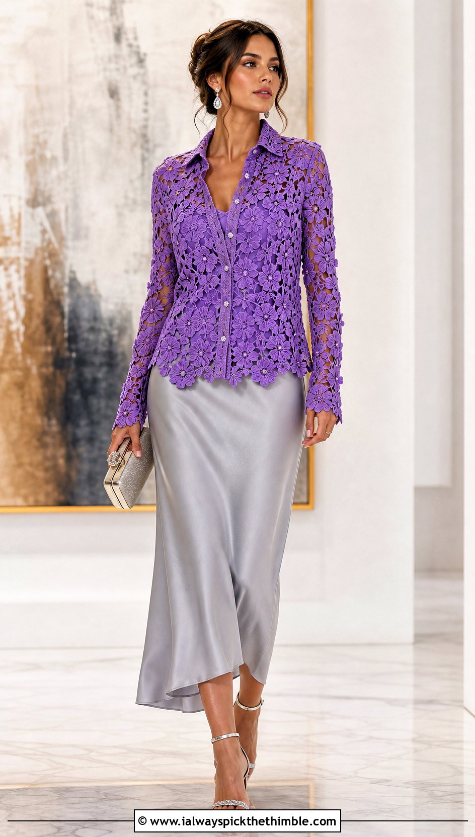 Floral Applique Crochet Button Down Shirt With Slip Skirt - 20 crochet button down shirt outfit ideas