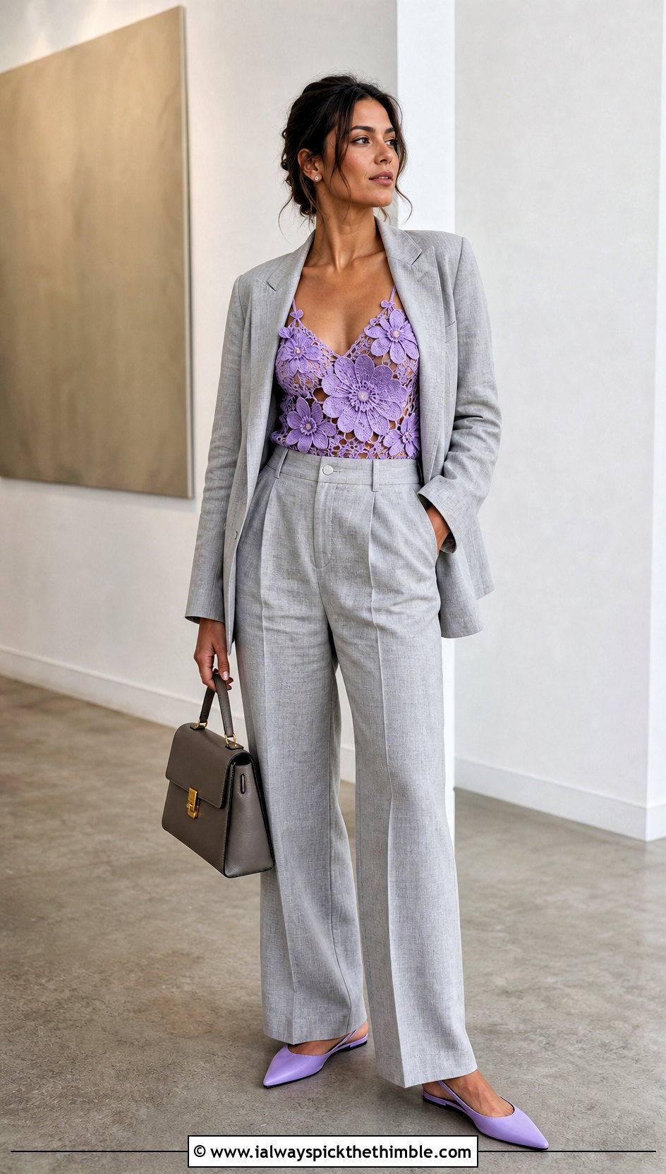 Floral Applique Crochet Camisole With Linen Suit - 20 Strappy Crochet Top outfit ideas