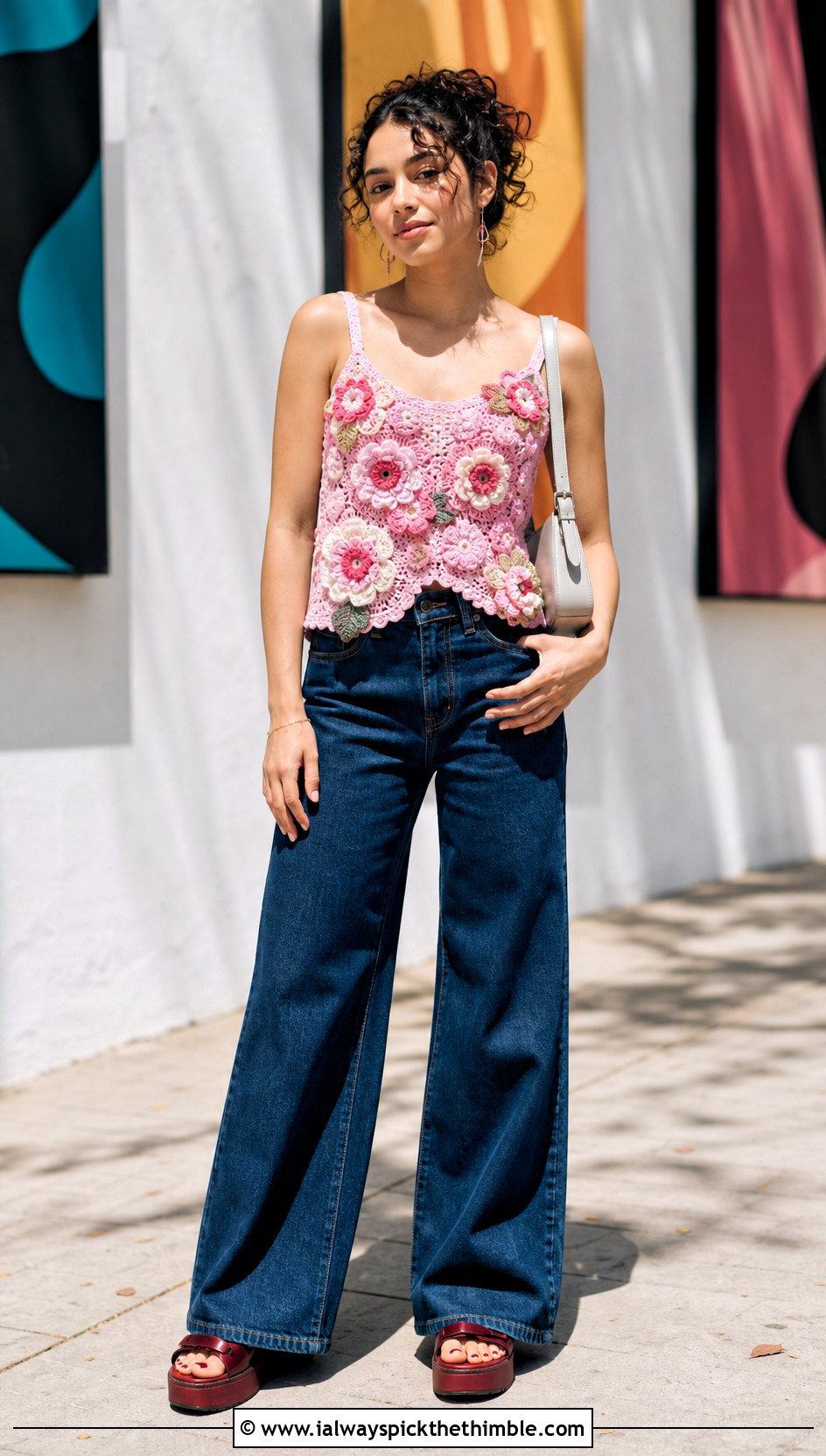 Floral Applique Crochet Camisole With Wide Leg Jeans - 15 crochet top with intricate outfit ideas