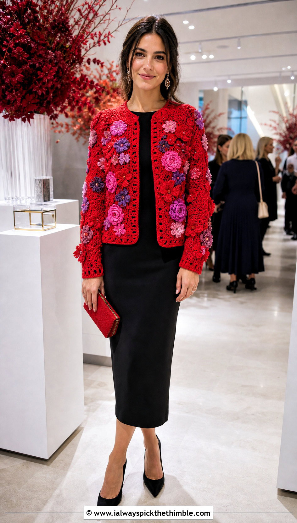 Floral Applique Crochet Cardigan With Black Midi Dress - 25 fall crochet cardigan outfit ideas