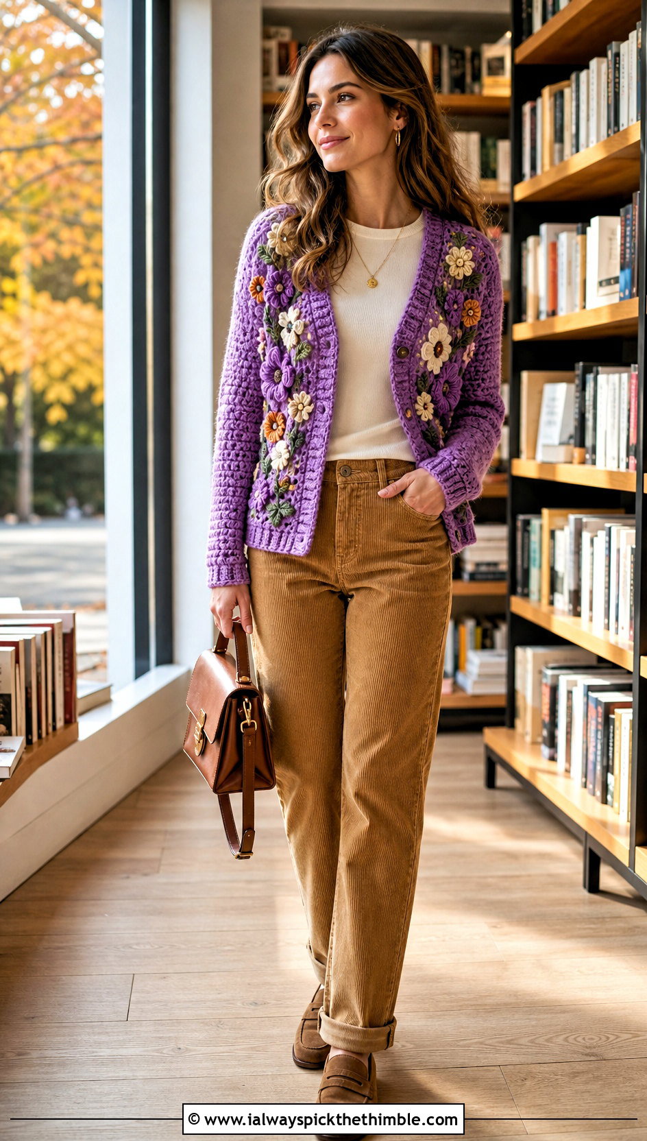 Floral Applique Crochet Cardigan With Corduroy Pants - 15 Autumn Crochet Cardigan Style outfit ideas